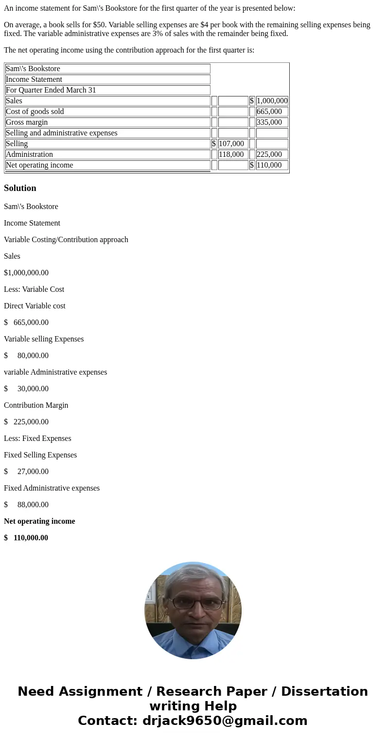 An income statement for Sam\'s Bookstore for the first quarter of the year is presented below: On average, a book sells for $50. Variable selling expenses are $
