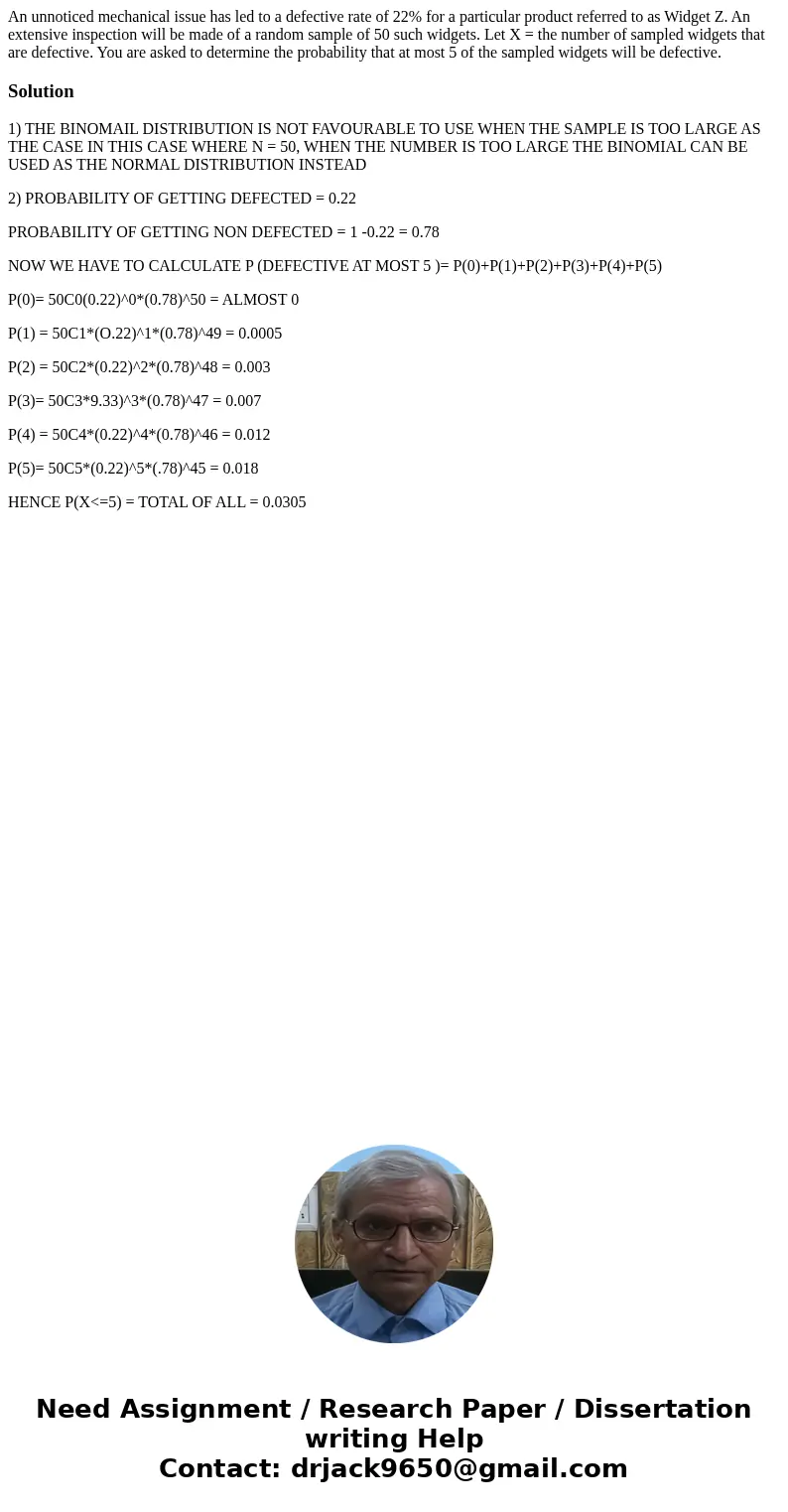 An unnoticed mechanical issue has led to a defective rate of 22% for a particular product referred to as Widget Z. An extensive inspection will be made of a ra  An unnoticed mechanical issue has led to a defective rate of 22% for a particular product referred to as Widget Z. An extensive inspection will be made of a ra