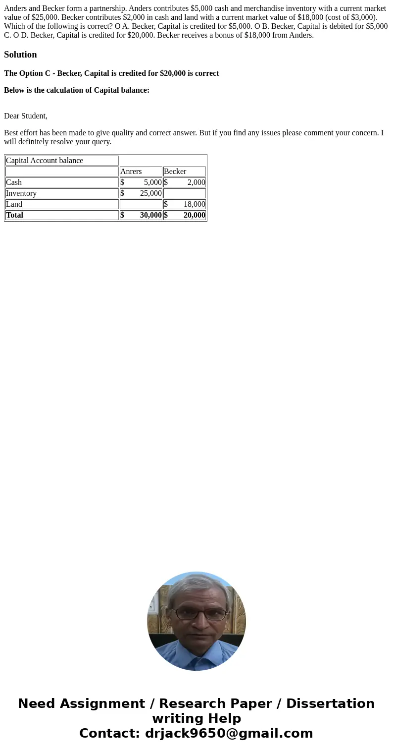  Anders and Becker form a partnership. Anders contributes $5,000 cash and merchandise inventory with a current market value of $25,000. Becker contributes $2,00