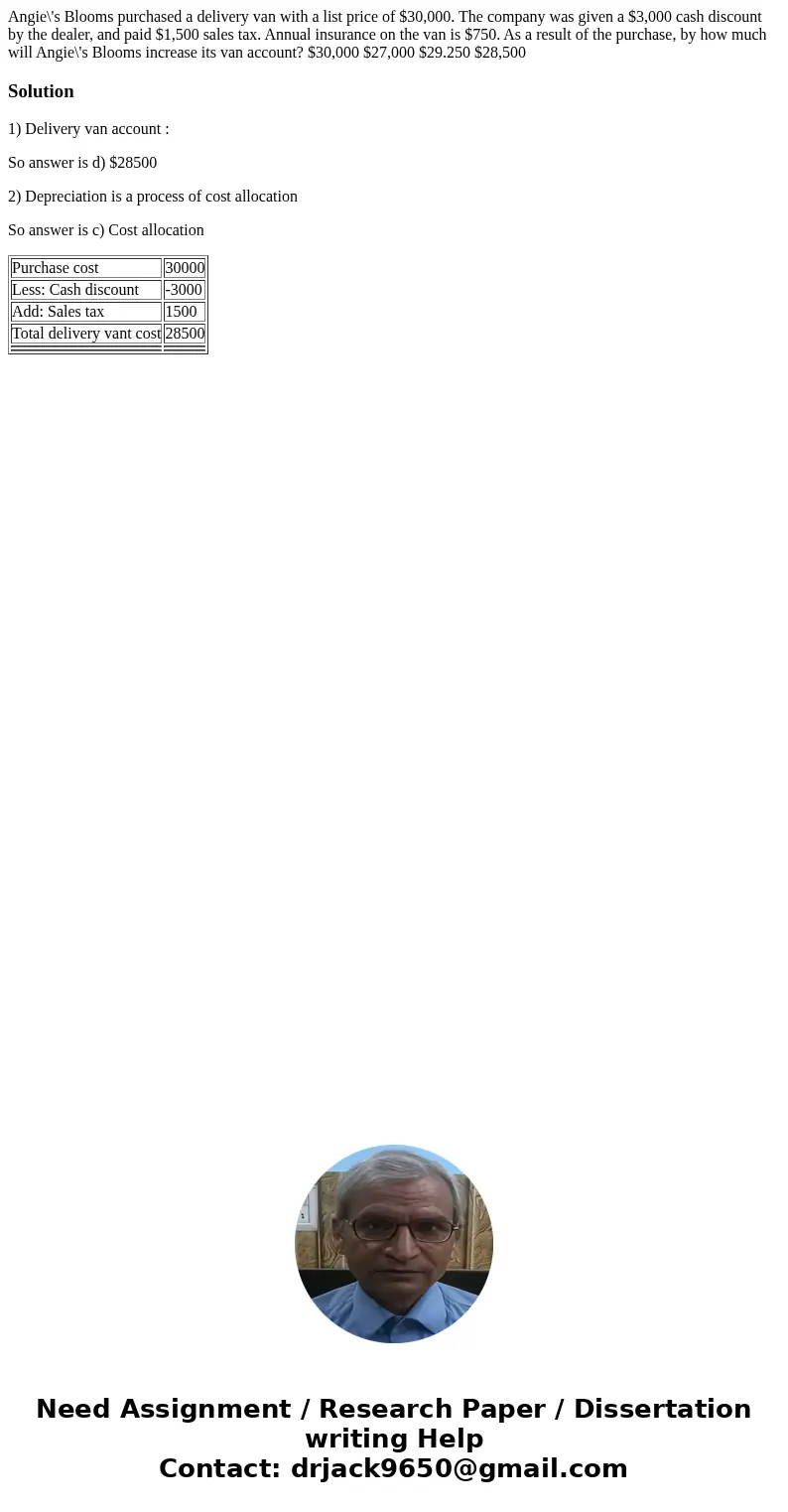  Angie\'s Blooms purchased a delivery van with a list price of $30,000. The company was given a $3,000 cash discount by the dealer, and paid $1,500 sales tax. A