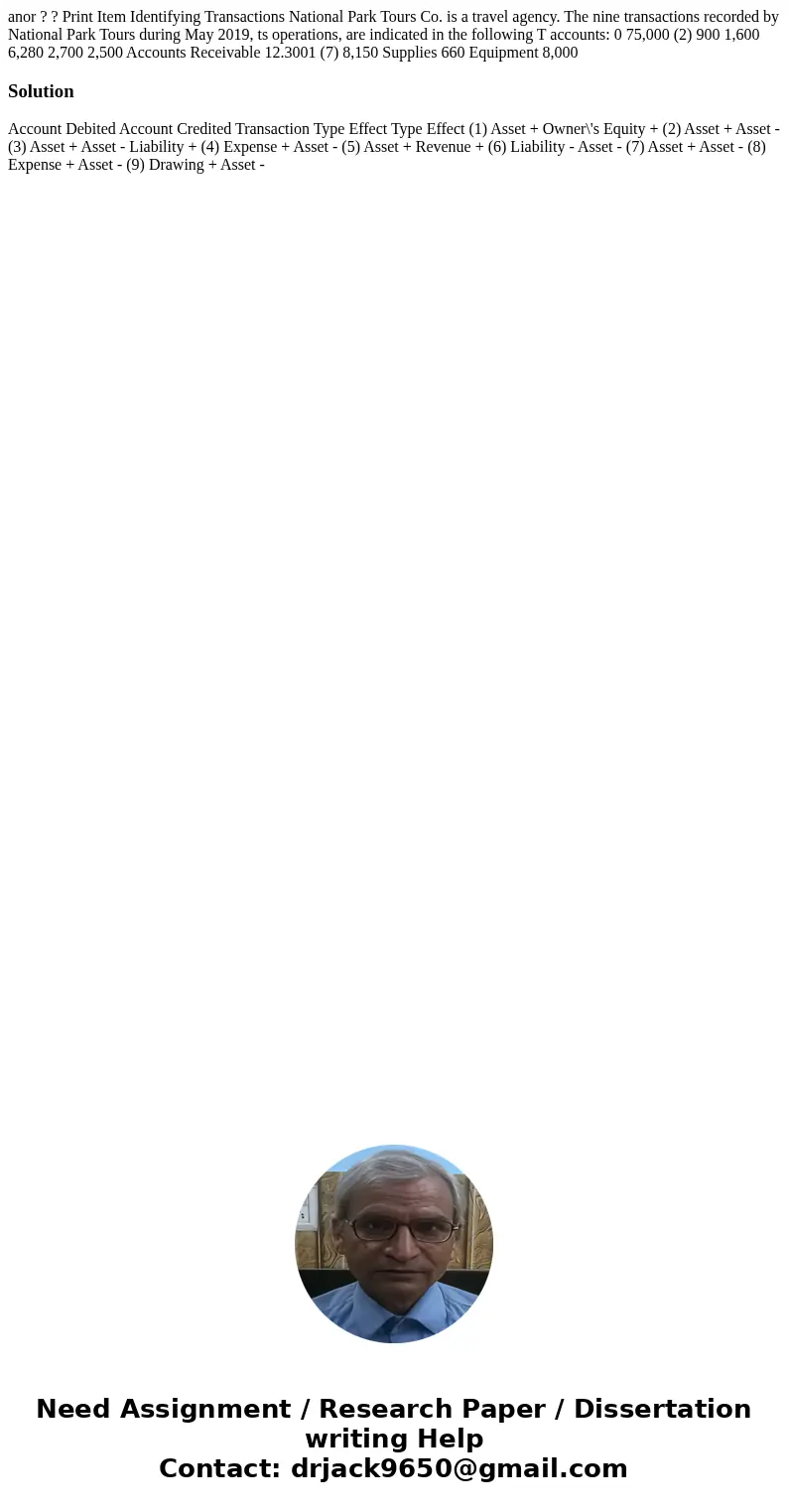 anor ? ? Print Item Identifying Transactions National Park Tours Co. is a travel agency. The nine transactions recorded by National Park Tours during May 2019,  anor ? ? Print Item Identifying Transactions National Park Tours Co. is a travel agency. The nine transactions recorded by National Park Tours during May 2019,