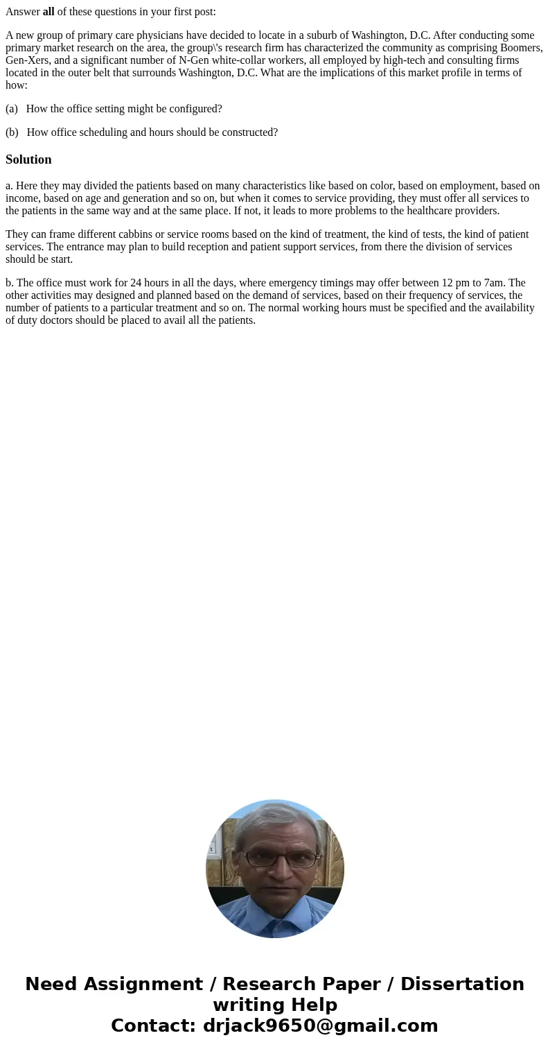 Answer all of these questions in your first post: A new group of primary care physicians have decided to locate in a suburb of Washington, D.C. After conducting Answer all of these questions in your first post: A new group of primary care physicians have decided to locate in a suburb of Washington, D.C. After conducting
