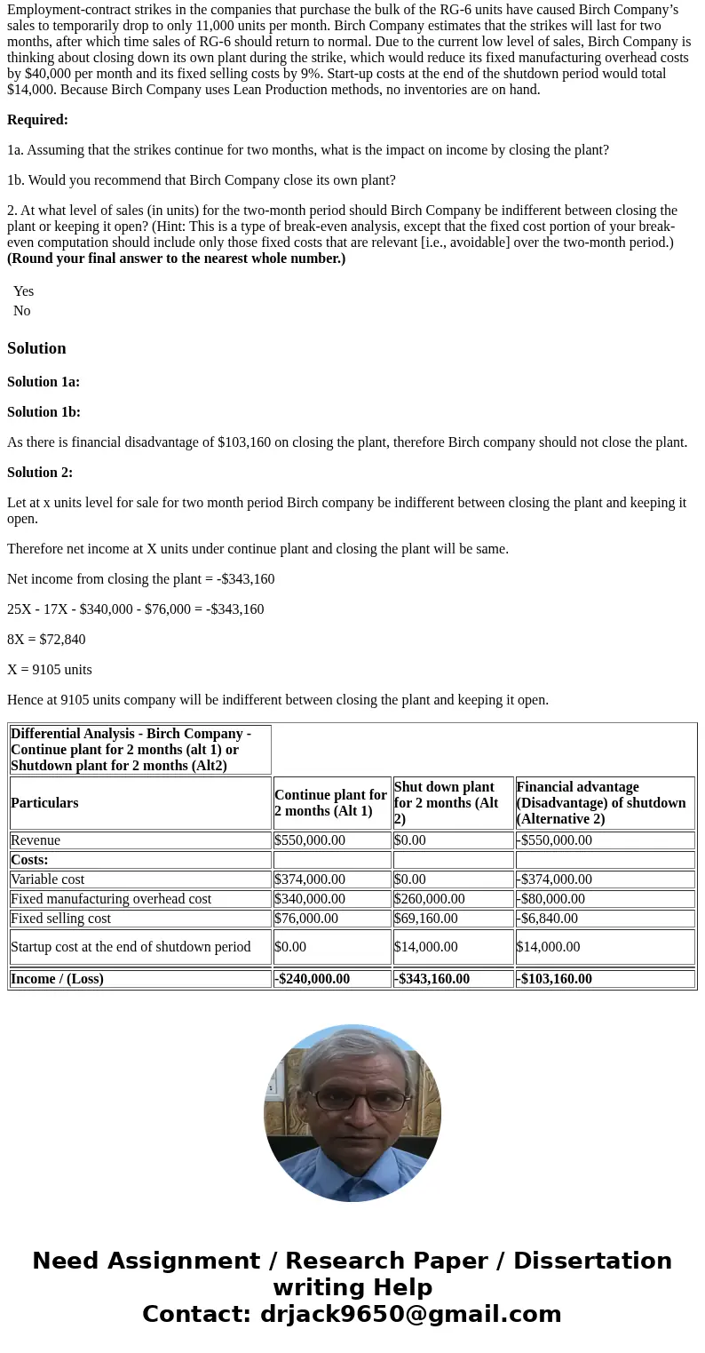 Birch Company normally produces and sells 46,000 units of RG-6 each month. RG-6 is a small electrical relay used as a component part in the automotive industry.
