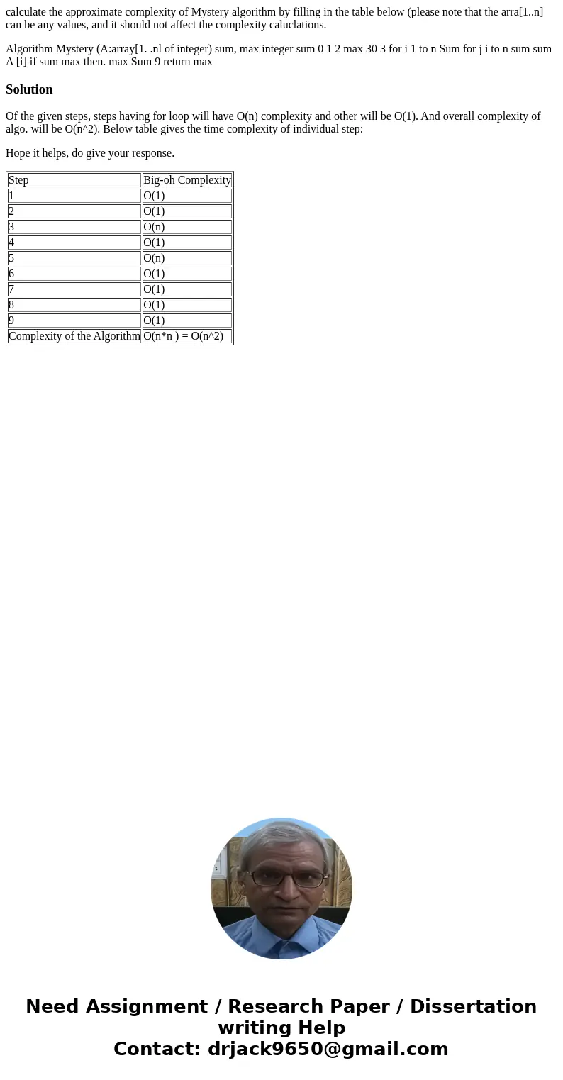 calculate the approximate complexity of Mystery algorithm by filling in the table below (please note that the arra[1..n] can be any values, and it should not af