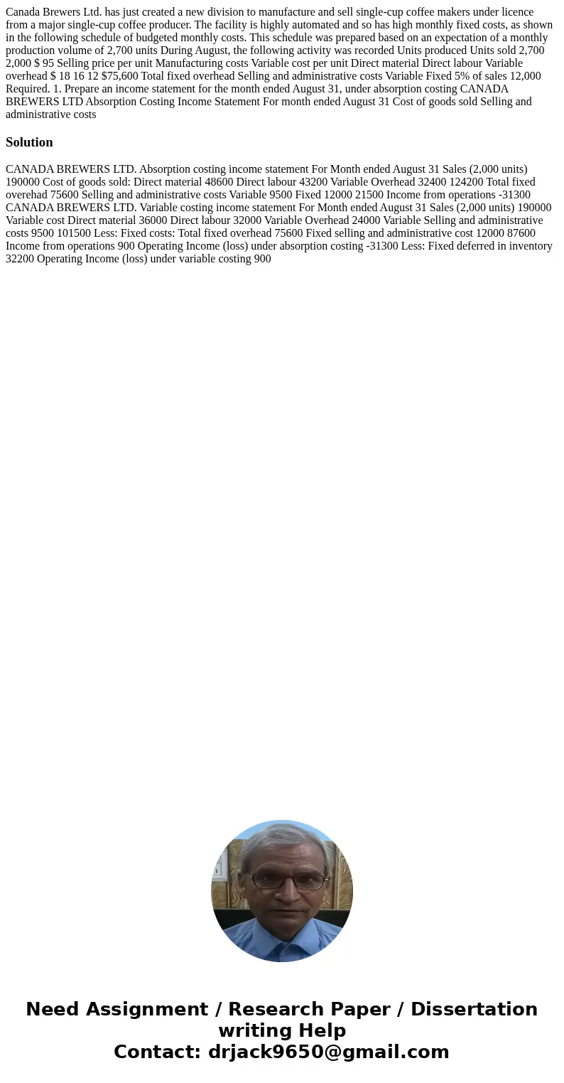 Canada Brewers Ltd. has just created a new division to manufacture and sell single-cup coffee makers under licence from a major single-cup coffee producer. The  Canada Brewers Ltd. has just created a new division to manufacture and sell single-cup coffee makers under licence from a major single-cup coffee producer. The