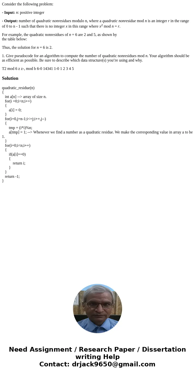 Consider the following problem: - Input: n: positive integer - Output: number of quadratic nonresidues modulo n, where a quadratic nonresidue mod n is an intege Consider the following problem: - Input: n: positive integer - Output: number of quadratic nonresidues modulo n, where a quadratic nonresidue mod n is an intege