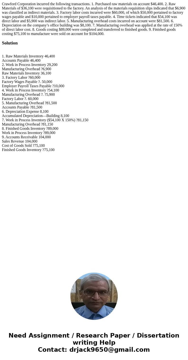 Crawford Corporation incurred the following transactions. 1. Purchased raw materials on account $46,400. 2. Raw Materials of $36,100 were requisitioned to the f Crawford Corporation incurred the following transactions. 1. Purchased raw materials on account $46,400. 2. Raw Materials of $36,100 were requisitioned to the f