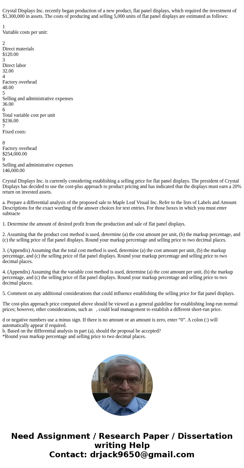  Crystal Displays Inc. recently began production of a new product, flat panel displays, which required the investment of $1,300,000 in assets. The costs of prod