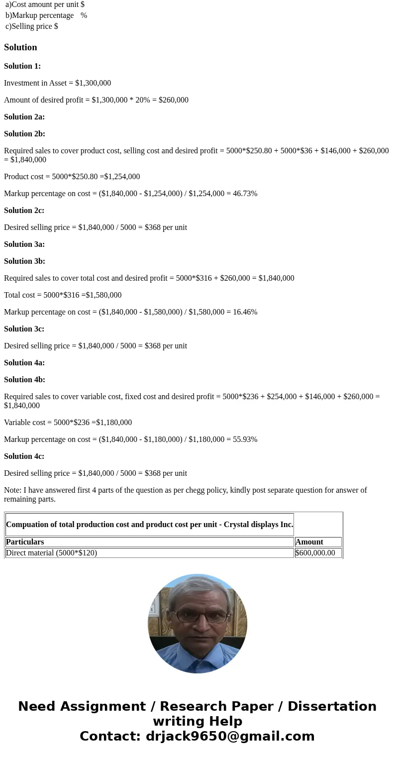  Crystal Displays Inc. recently began production of a new product, flat panel displays, which required the investment of $1,300,000 in assets. The costs of prod