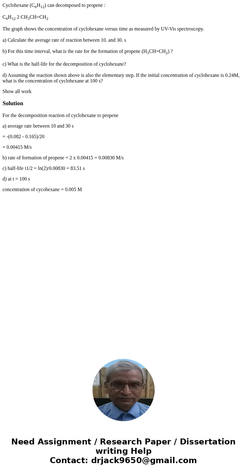 Cyclohexane (C6H12) can decomposed to propene : C6H12 2 CH3CH=CH2 The graph shows the concentration of cyclohexane versus time as measured by UV-Vis spectroscop Cyclohexane (C6H12) can decomposed to propene : C6H12 2 CH3CH=CH2 The graph shows the concentration of cyclohexane versus time as measured by UV-Vis spectroscop