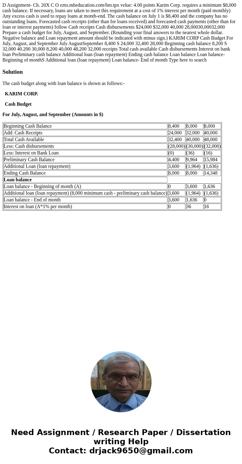  D Assignment- Ch. 20X C O ezto.mheducation.com/hm.tpx velue: 4.00 points Karim Corp. requires a minimum $8,000 cash balance. If necessary, loans are taken to m