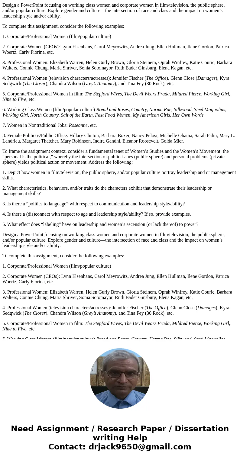 Design a PowerPoint focusing on working class women and corporate women in film/television, the public sphere, and/or popular culture. Explore gender and cultur Design a PowerPoint focusing on working class women and corporate women in film/television, the public sphere, and/or popular culture. Explore gender and cultur