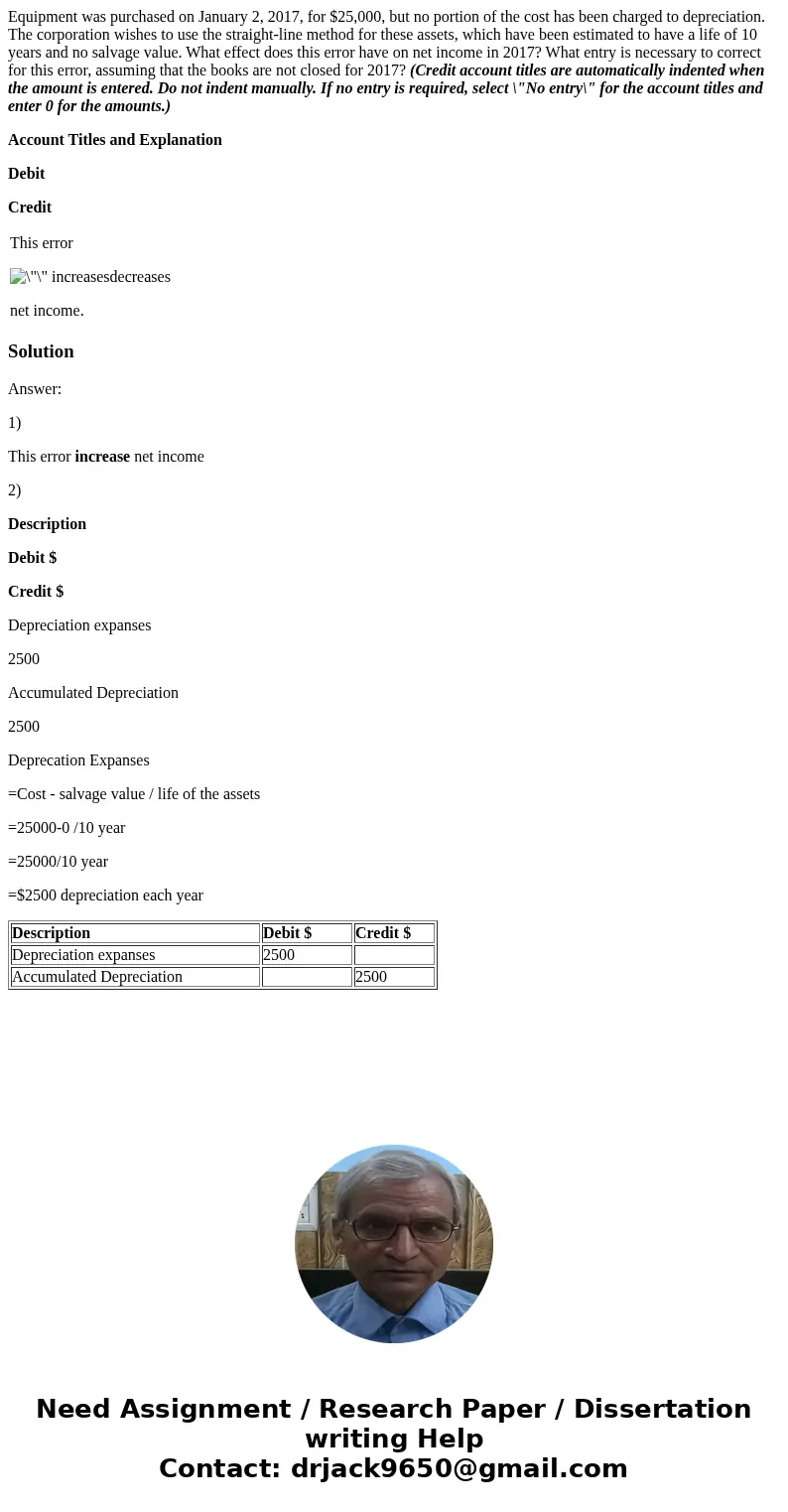 Equipment was purchased on January 2, 2017, for $25,000, but no portion of the cost has been charged to depreciation. The corporation wishes to use the straight