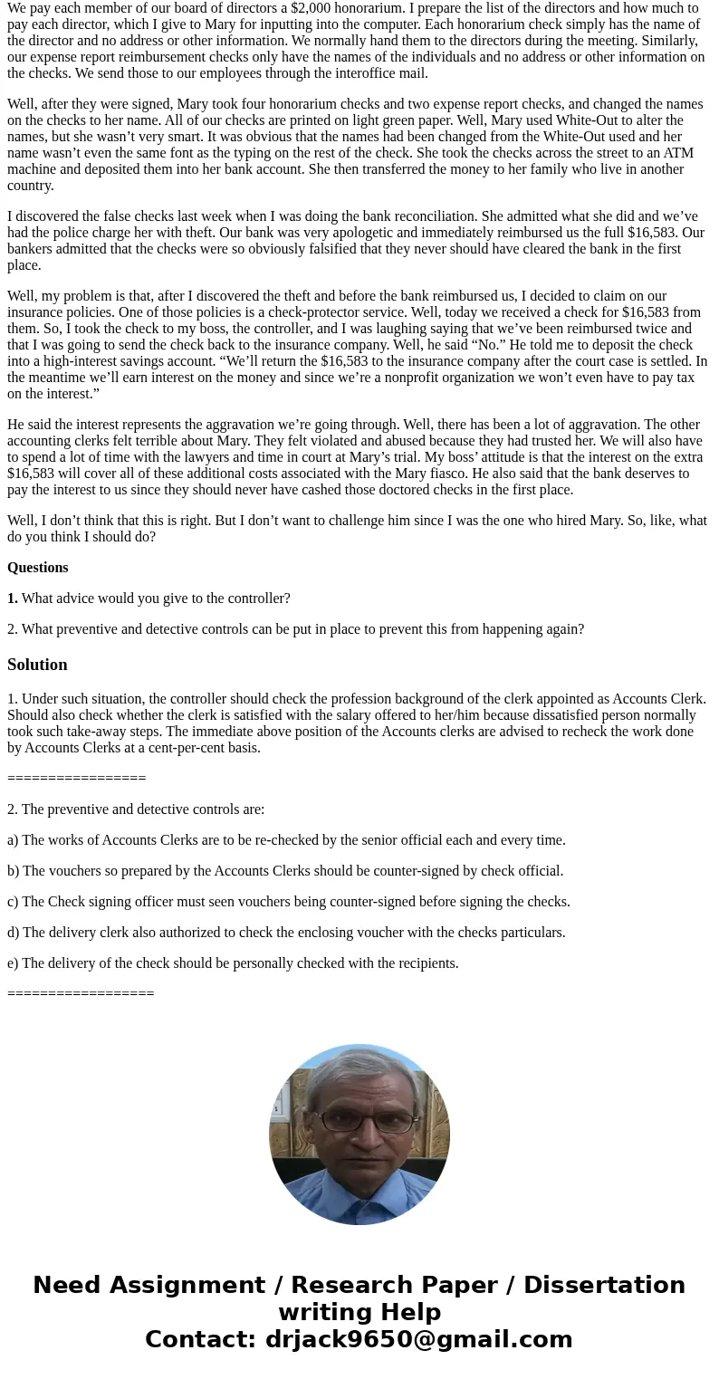 Ethics Case: Theft Reimbursement, Twice I am the assistant controller at a medium-sized, not-for-profit organization. I hired a new accounts payable clerk three Ethics Case: Theft Reimbursement, Twice I am the assistant controller at a medium-sized, not-for-profit organization. I hired a new accounts payable clerk three