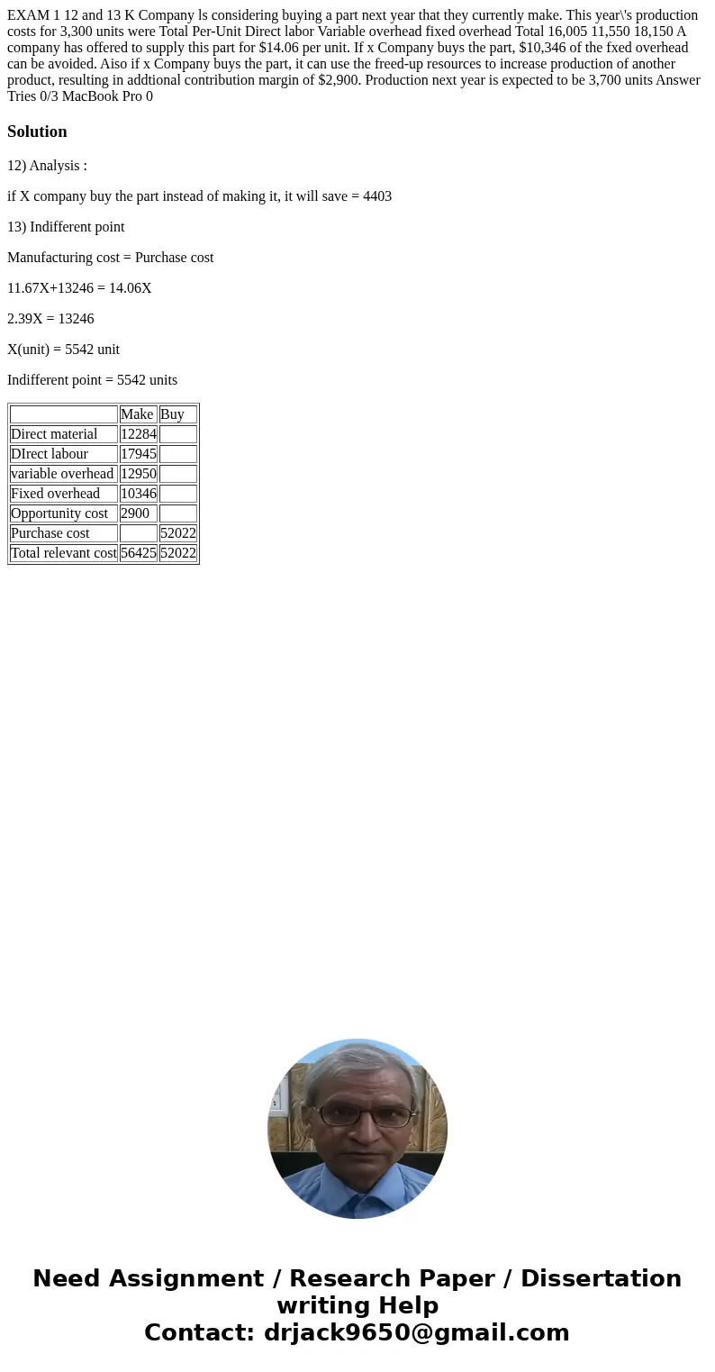 EXAM 1 12 and 13 K Company ls considering buying a part next year that they currently make. This year\'s production costs for 3,300 units were Total Per-Unit D  EXAM 1 12 and 13 K Company ls considering buying a part next year that they currently make. This year\'s production costs for 3,300 units were Total Per-Unit D