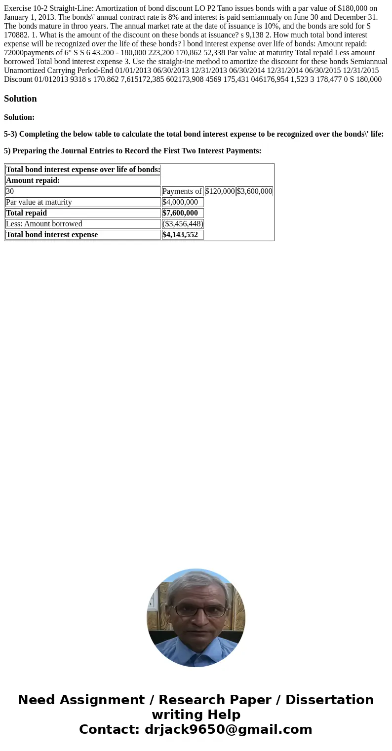  Exercise 10-2 Straight-Line: Amortization of bond discount LO P2 Tano issues bonds with a par value of $180,000 on January 1, 2013. The bonds\' annual contract