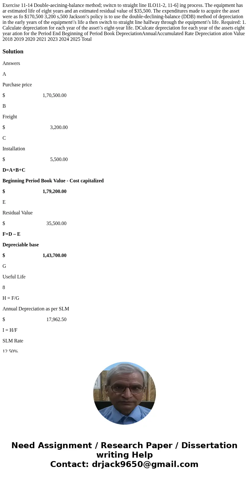  Exercise 11-14 Double-aecining-balance method; switcn to straight line ILO11-2, 11-6] ing process. The equipment has ar estimated life of eight years and an es