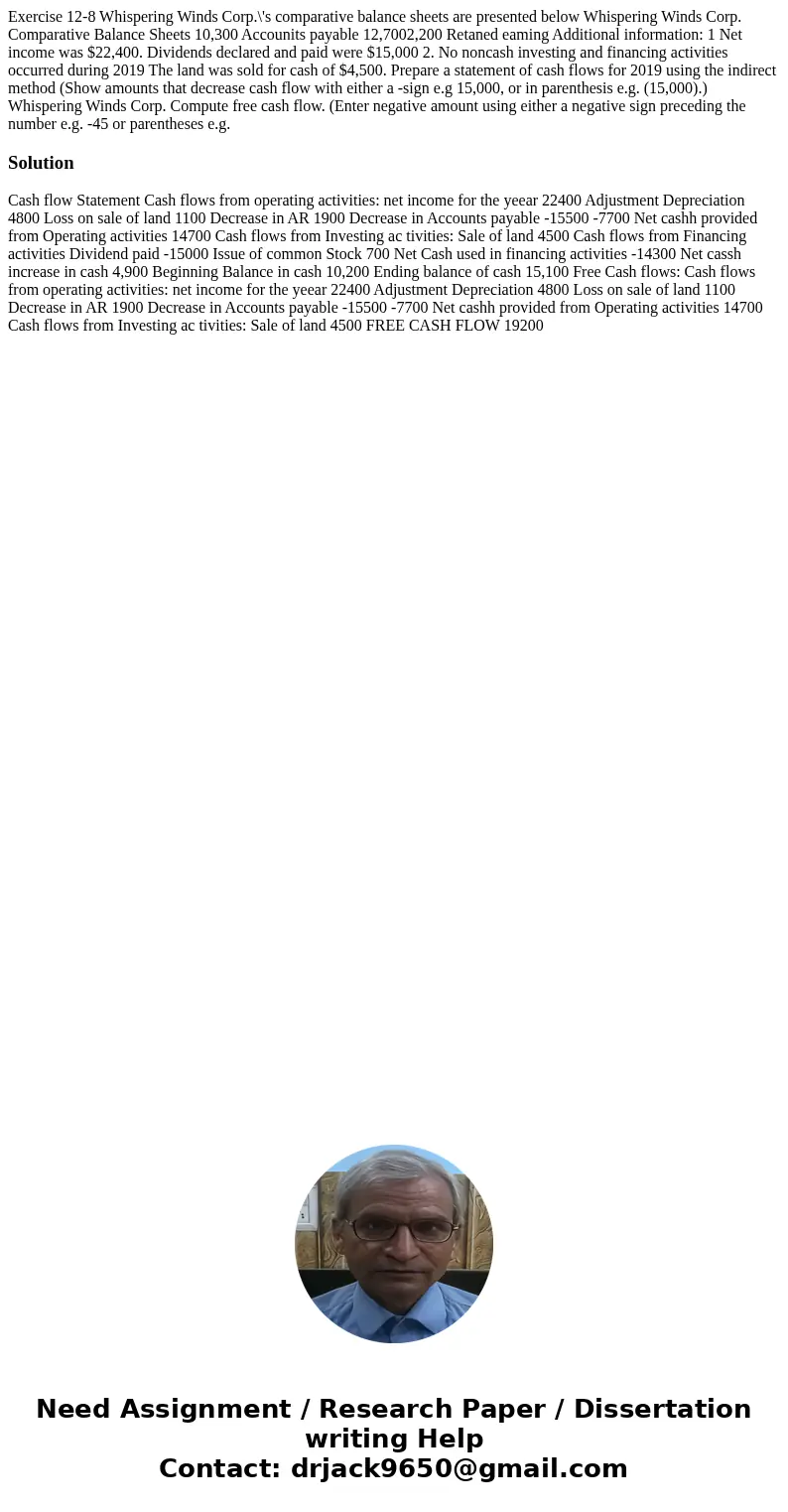Exercise 12-8 Whispering Winds Corp.\'s comparative balance sheets are presented below Whispering Winds Corp. Comparative Balance Sheets 10,300 Accounits payab  Exercise 12-8 Whispering Winds Corp.\'s comparative balance sheets are presented below Whispering Winds Corp. Comparative Balance Sheets 10,300 Accounits payab