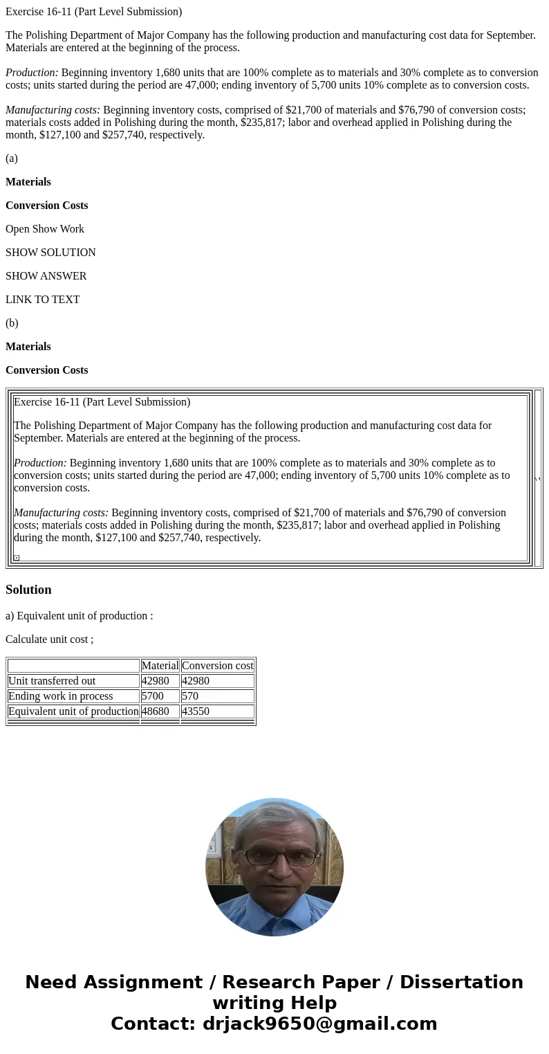 Exercise 16-11 (Part Level Submission) The Polishing Department of Major Company has the following production and manufacturing cost data for September. Materia