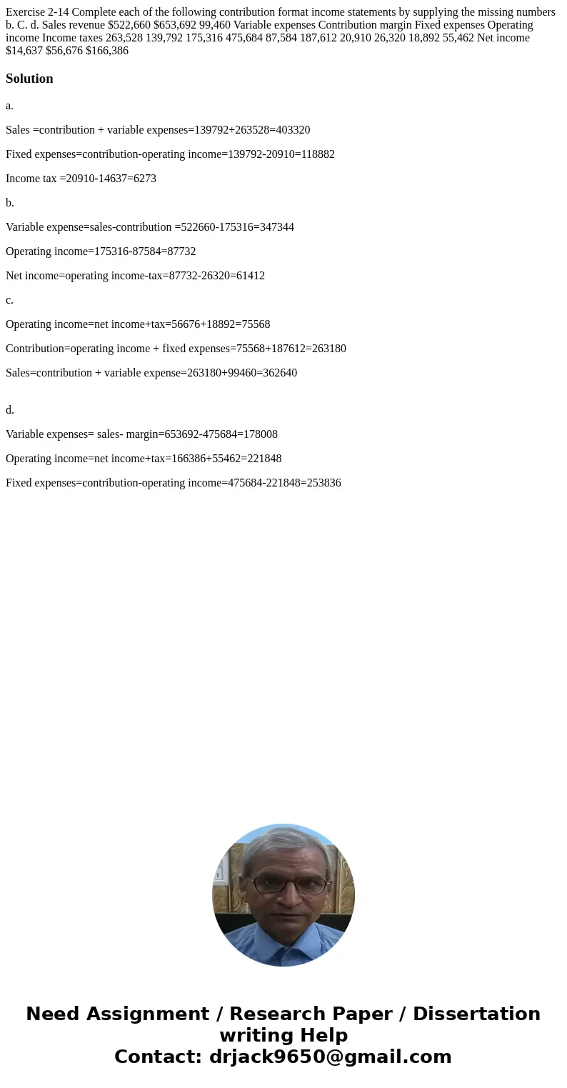 Exercise 2-14 Complete each of the following contribution format income statements by supplying the missing numbers b. C. d. Sales revenue $522,660 $653,692 99  Exercise 2-14 Complete each of the following contribution format income statements by supplying the missing numbers b. C. d. Sales revenue $522,660 $653,692 99