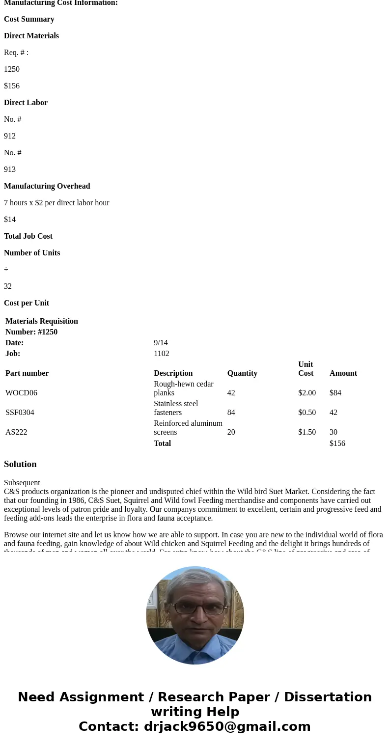 Feeders manufactures bird feeders for wild bird specialty stores. In? September, WilsonWilson Feeders received an order from Wild? Birds, Inc., for 3232 platfor