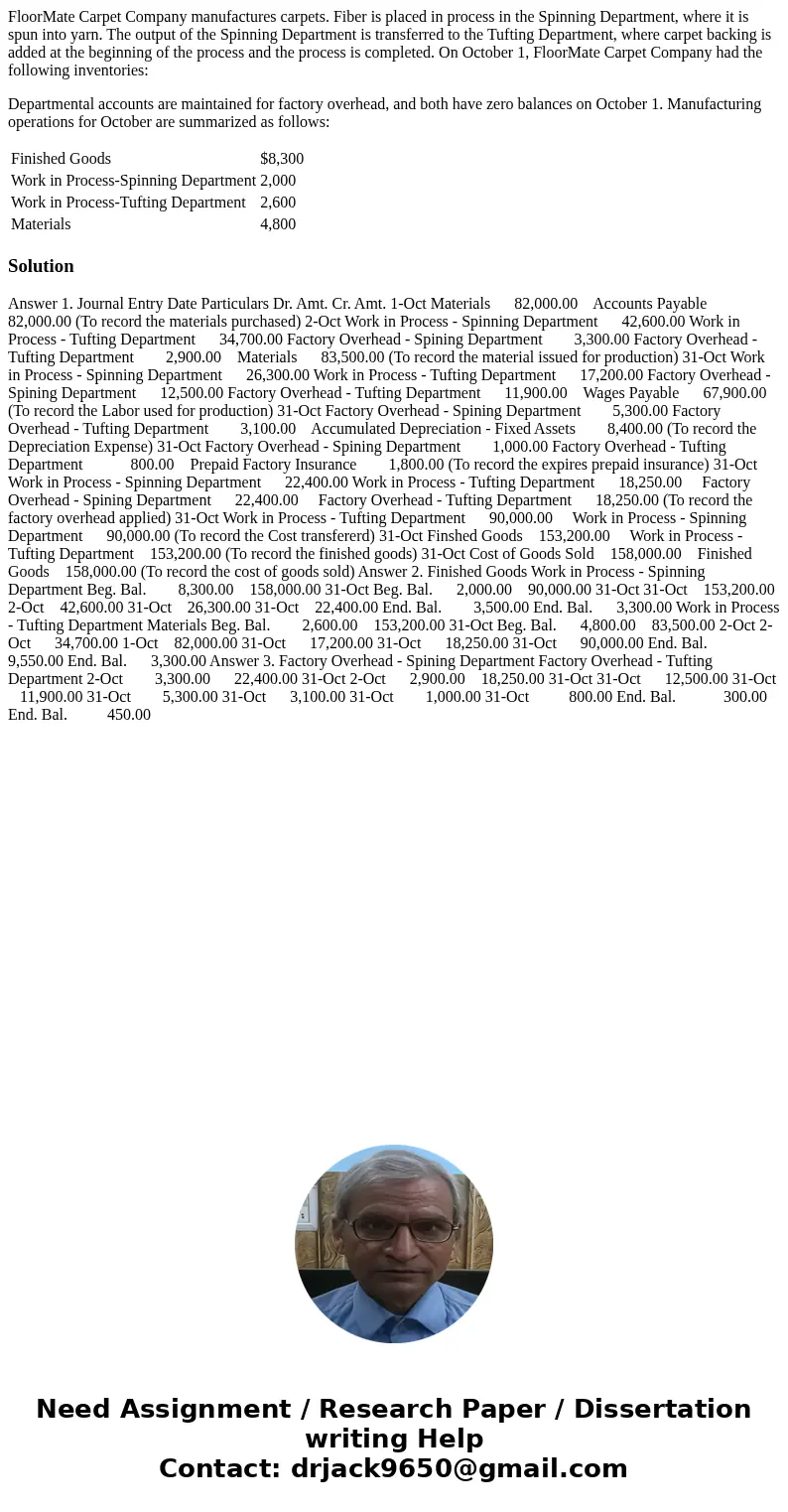 FloorMate Carpet Company manufactures carpets. Fiber is placed in process in the Spinning Department, where it is spun into yarn. The output of the Spinning Dep FloorMate Carpet Company manufactures carpets. Fiber is placed in process in the Spinning Department, where it is spun into yarn. The output of the Spinning Dep