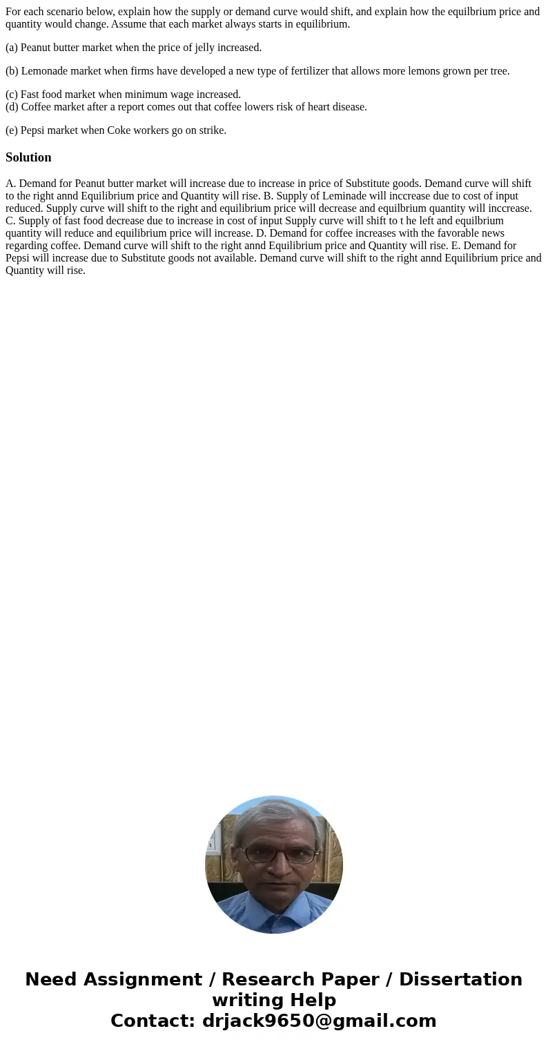 For each scenario below, explain how the supply or demand curve would shift, and explain how the equilbrium price and quantity would change. Assume that each ma For each scenario below, explain how the supply or demand curve would shift, and explain how the equilbrium price and quantity would change. Assume that each ma