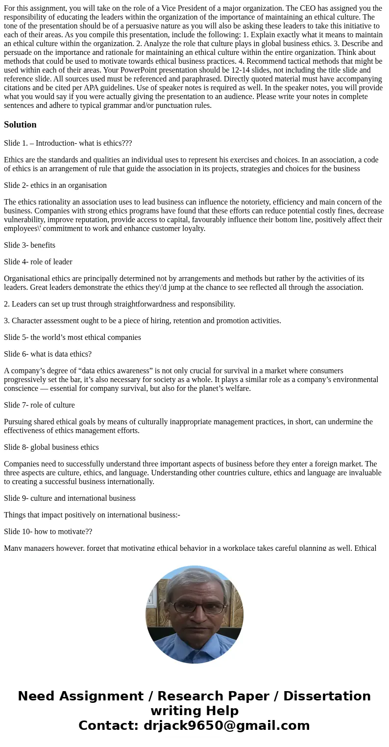 For this assignment, you will take on the role of a Vice President of a major organization. The CEO has assigned you the responsibility of educating the leaders For this assignment, you will take on the role of a Vice President of a major organization. The CEO has assigned you the responsibility of educating the leaders