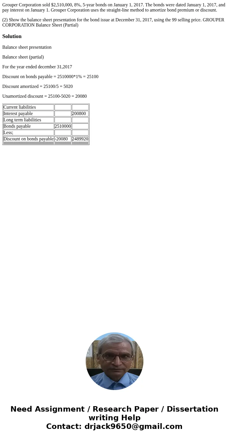 Grouper Corporation sold $2,510,000, 8%, 5-year bonds on January 1, 2017. The bonds were dated January 1, 2017, and pay interest on January 1. Grouper Corporati Grouper Corporation sold $2,510,000, 8%, 5-year bonds on January 1, 2017. The bonds were dated January 1, 2017, and pay interest on January 1. Grouper Corporati