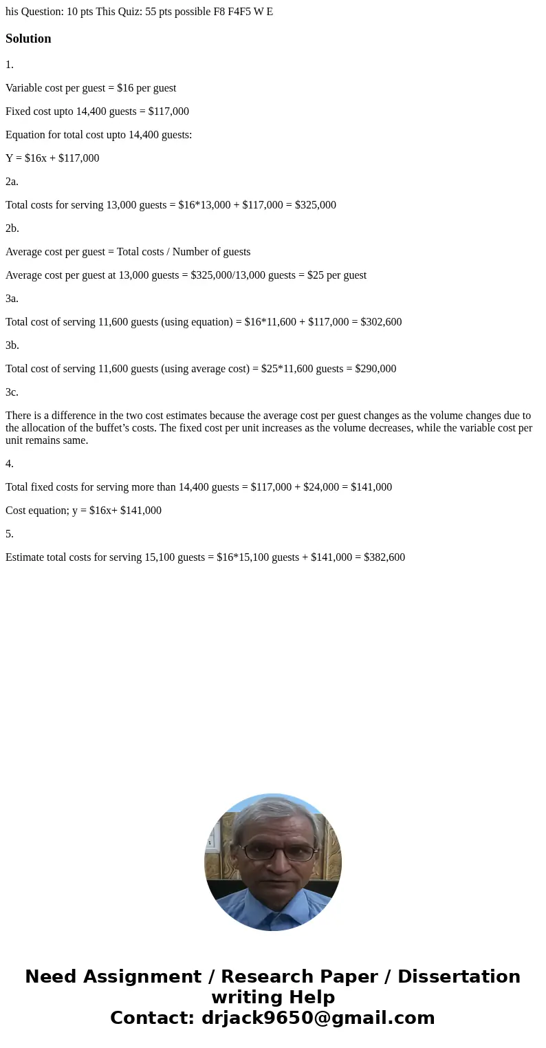 his Question: 10 pts This Quiz: 55 pts possible F8 F4F5 W E Solution1. Variable cost per guest = $16 per guest Fixed cost upto 14,400 guests = $117,000 Equatio  his Question: 10 pts This Quiz: 55 pts possible F8 F4F5 W E Solution1. Variable cost per guest = $16 per guest Fixed cost upto 14,400 guests = $117,000 Equatio