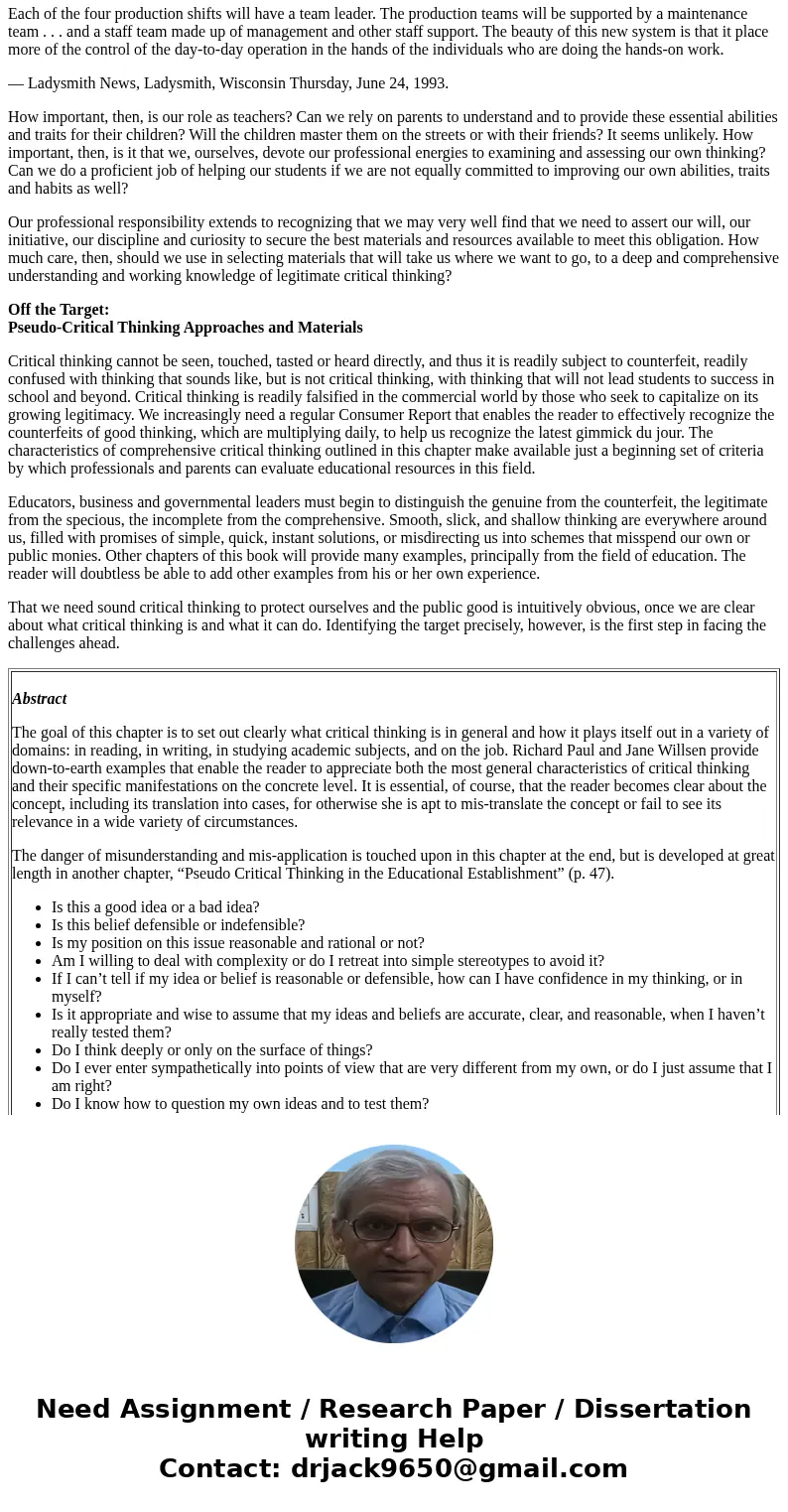 How did the mathematician you explored have, or ot have, persoal integrity?Solution Abstract The goal of this chapter is to set out clearly what critical thinki