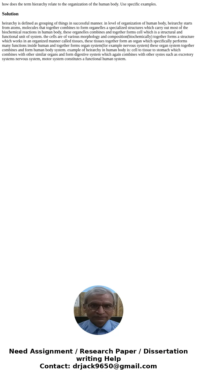 how does the term hierarchy relate to the organization of the human body. Use specific examples.Solutionheirarchy is defined as grouping of things in successful