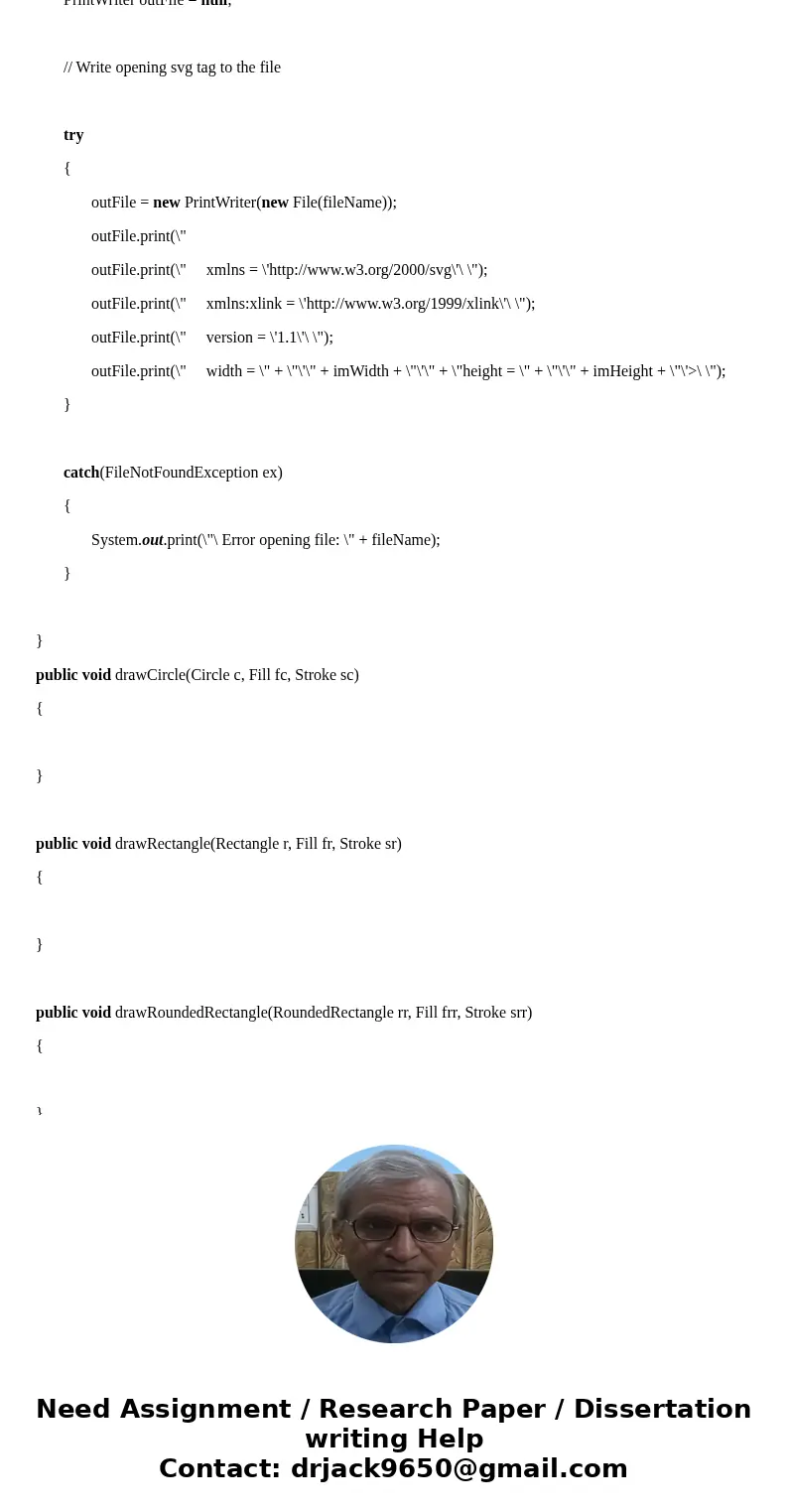 I don\'t have a problem doing #1, but I am having trouble actually coding these classes in Java so it can be converted to svg. For the SvgMaker class this is wh