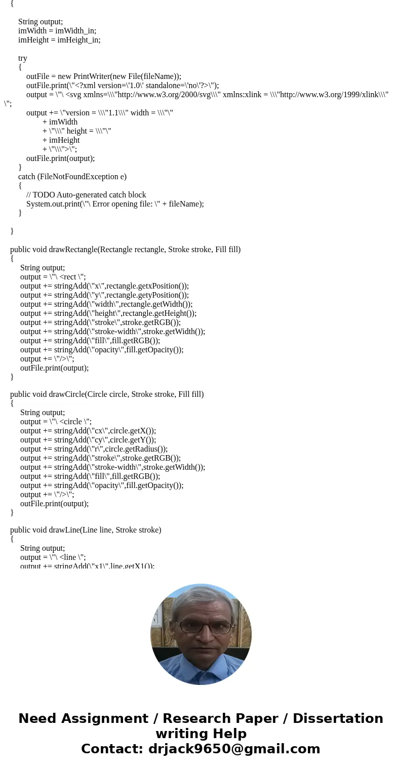 I don\'t have a problem doing #1, but I am having trouble actually coding these classes in Java so it can be converted to svg. For the SvgMaker class this is wh