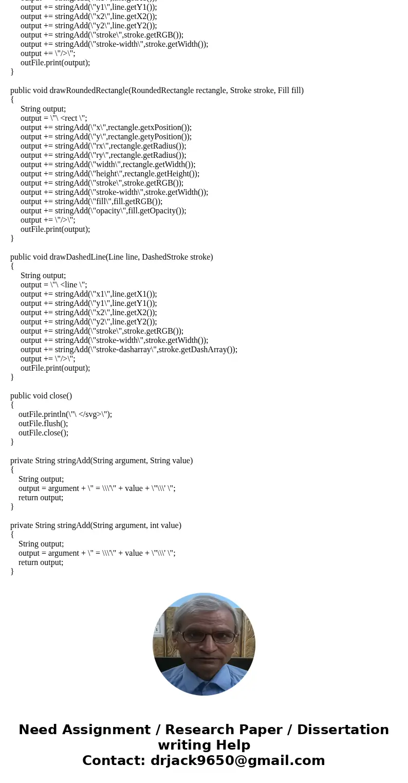 I don\'t have a problem doing #1, but I am having trouble actually coding these classes in Java so it can be converted to svg. For the SvgMaker class this is wh