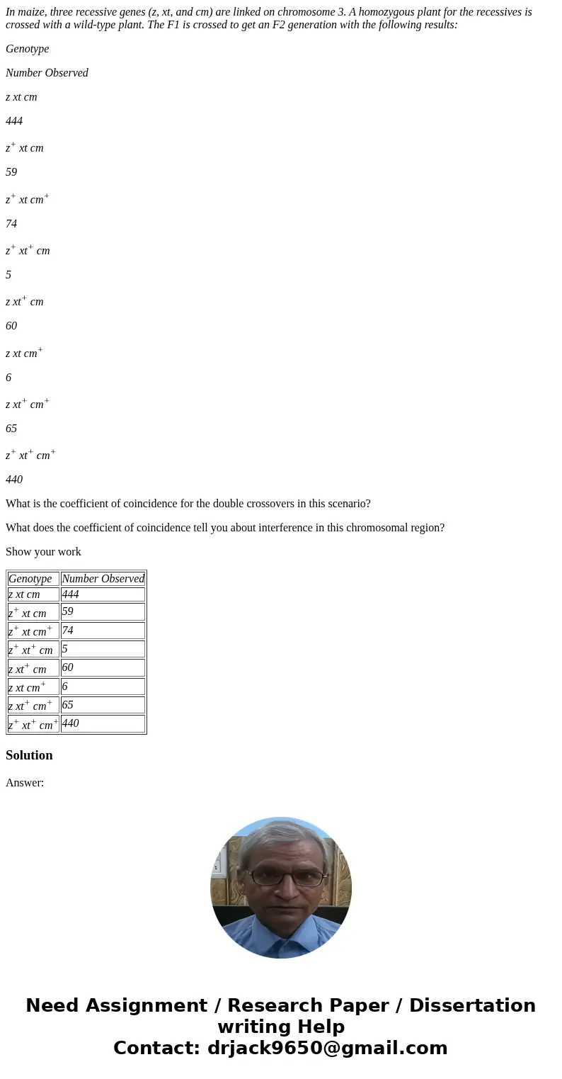 In maize, three recessive genes (z, xt, and cm) are linked on chromosome 3. A homozygous plant for the recessives is crossed with a wild-type plant. The F1 is c In maize, three recessive genes (z, xt, and cm) are linked on chromosome 3. A homozygous plant for the recessives is crossed with a wild-type plant. The F1 is c