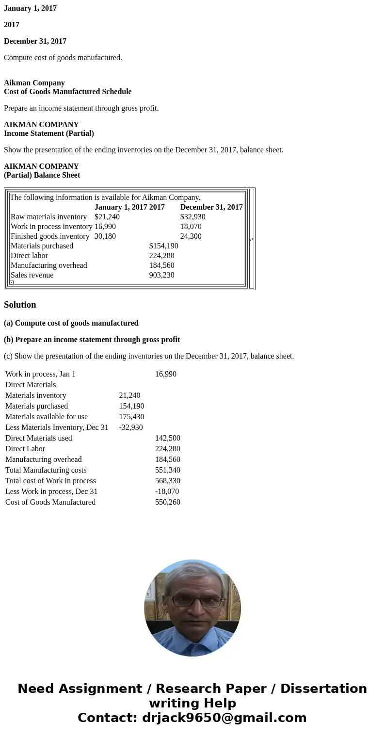 January 1, 2017 2017 December 31, 2017 Compute cost of goods manufactured. Aikman Company Cost of Goods Manufactured Schedule Prepare an income statement throug