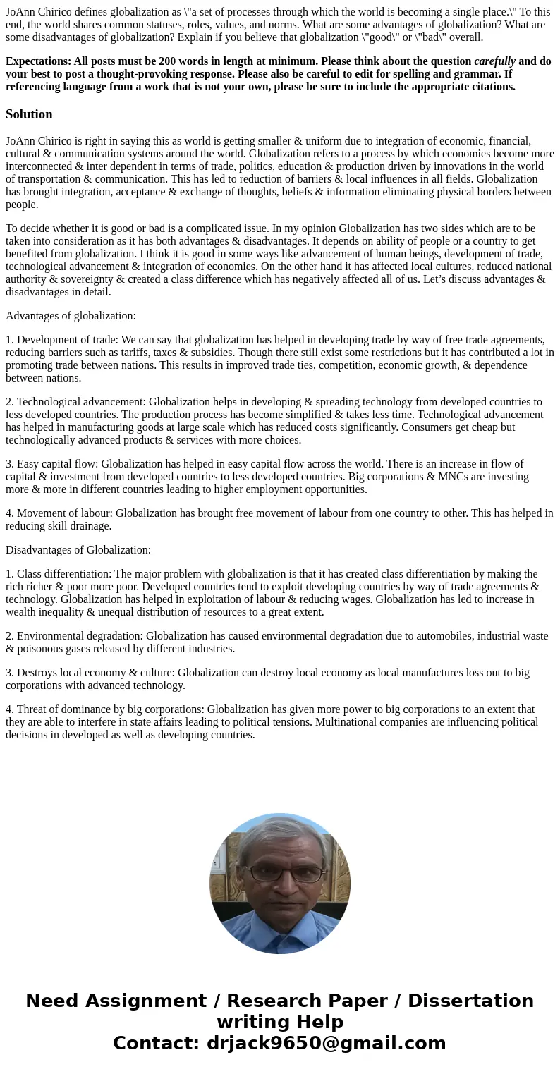JoAnn Chirico defines globalization as \ JoAnn Chirico defines globalization as \