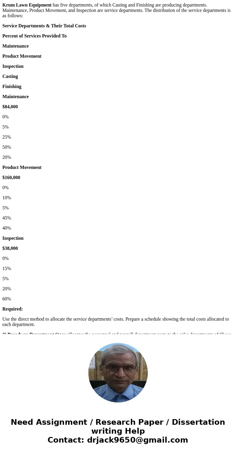 Krum Lawn Equipment has five departments, of which Casting and Finishing are producing departments. Maintenance, Product Movement, and Inspection are service de