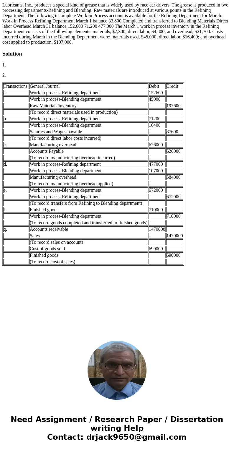  Lubricants, Inc., produces a special kind of grease that is widely used by race car drivers. The grease is produced in two processing departments-Refining and 