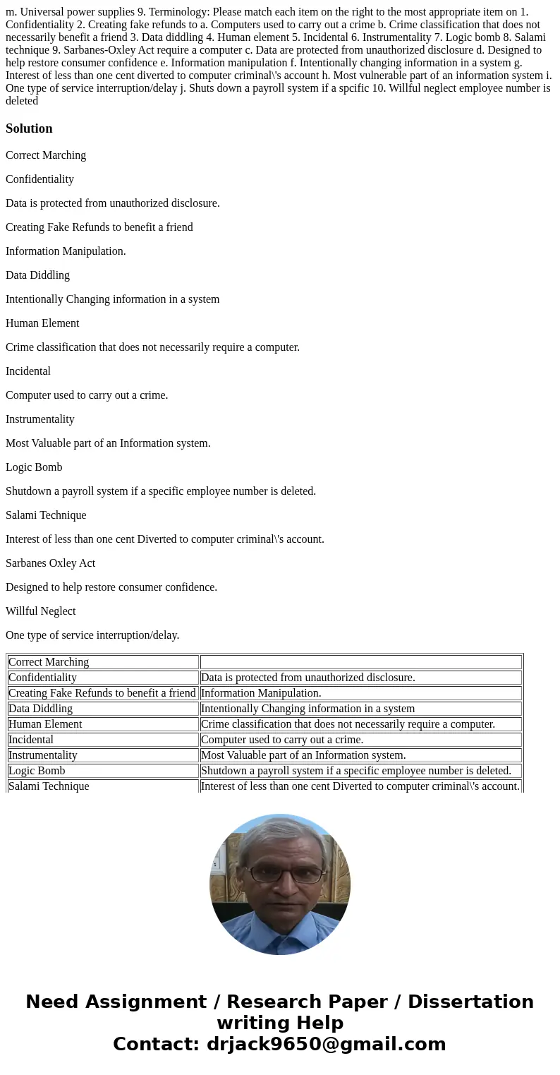 m. Universal power supplies 9. Terminology: Please match each item on the right to the most appropriate item on 1. Confidentiality 2. Creating fake refunds to   m. Universal power supplies 9. Terminology: Please match each item on the right to the most appropriate item on 1. Confidentiality 2. Creating fake refunds to