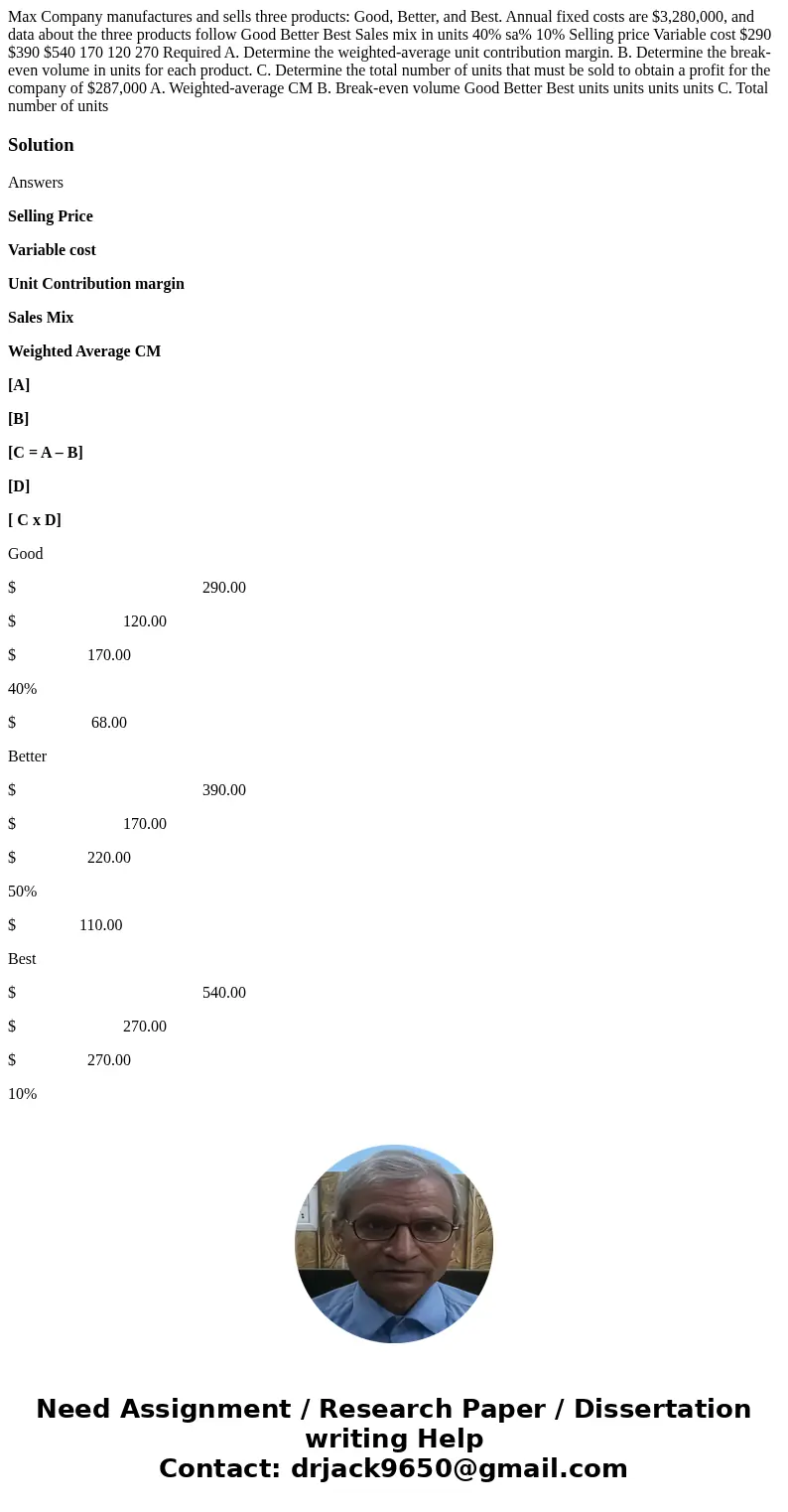 Max Company manufactures and sells three products: Good, Better, and Best. Annual fixed costs are $3,280,000, and data about the three products follow Good Bet  Max Company manufactures and sells three products: Good, Better, and Best. Annual fixed costs are $3,280,000, and data about the three products follow Good Bet