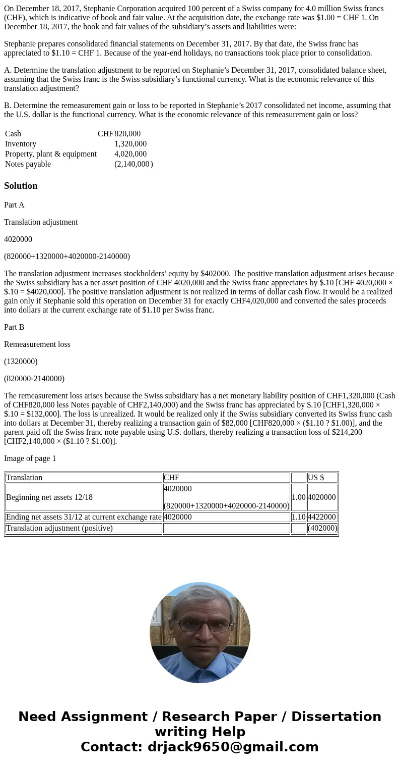 On December 18, 2017, Stephanie Corporation acquired 100 percent of a Swiss company for 4.0 million Swiss francs (CHF), which is indicative of book and fair val