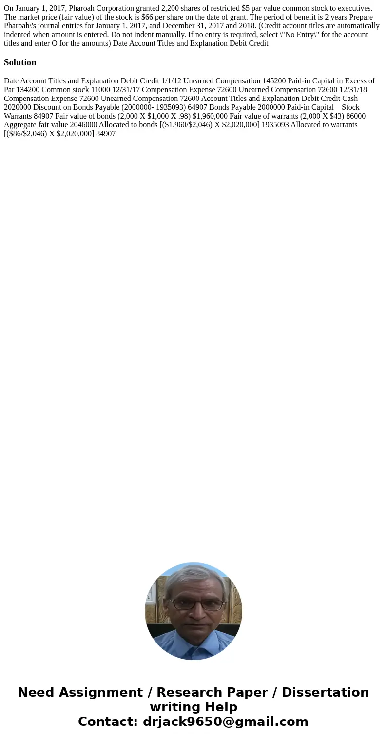  On January 1, 2017, Pharoah Corporation granted 2,200 shares of restricted $5 par value common stock to executives. The market price (fair value) of the stock 