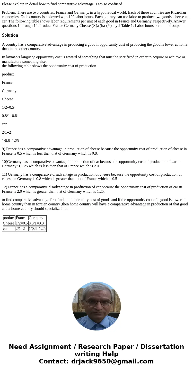Please explain in detail how to find comparative advantage. I am so confused. Problem. There are two countries, France and Germany, in a hypothetical world. Eac Please explain in detail how to find comparative advantage. I am so confused. Problem. There are two countries, France and Germany, in a hypothetical world. Eac