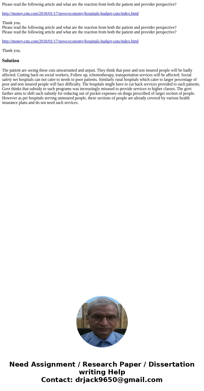 Please read the following article and what are the reaction from both the patient and provider perspective? http://money.cnn.com/2018/01/17/news/economy/hospit  Please read the following article and what are the reaction from both the patient and provider perspective? http://money.cnn.com/2018/01/17/news/economy/hospit