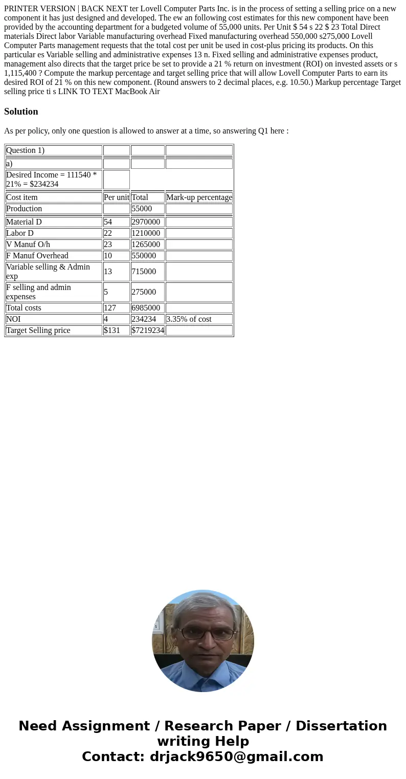  PRINTER VERSION | BACK NEXT ter Lovell Computer Parts Inc. is in the process of setting a selling price on a new component it has just designed and developed. 