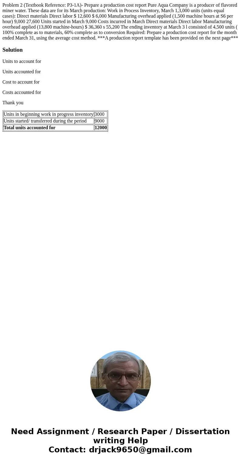 Problem 2 (Textbook Reference: P3-1A)- Prepare a production cost report Pure Aqua Company is a producer of flavored miner water. These data are for its March p  Problem 2 (Textbook Reference: P3-1A)- Prepare a production cost report Pure Aqua Company is a producer of flavored miner water. These data are for its March p