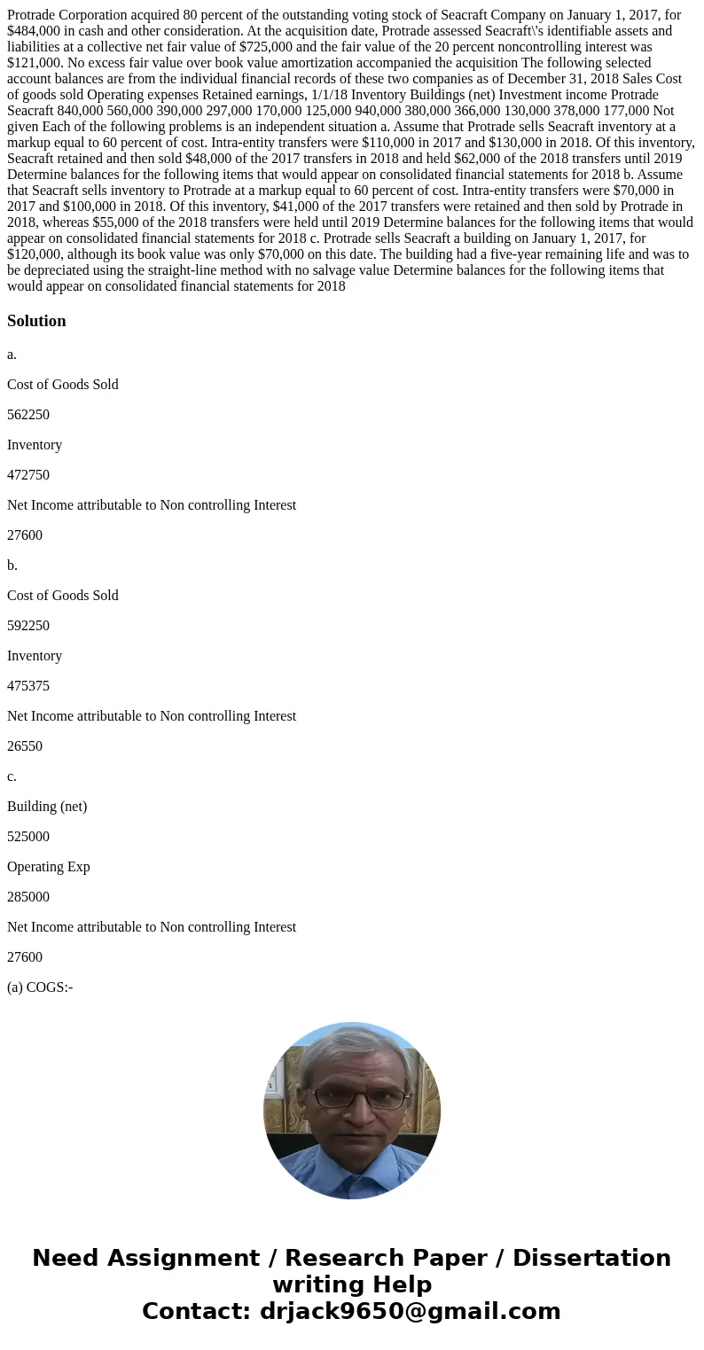 Protrade Corporation acquired 80 percent of the outstanding voting stock of Seacraft Company on January 1, 2017, for $484,000 in cash and other consideration.   Protrade Corporation acquired 80 percent of the outstanding voting stock of Seacraft Company on January 1, 2017, for $484,000 in cash and other consideration.