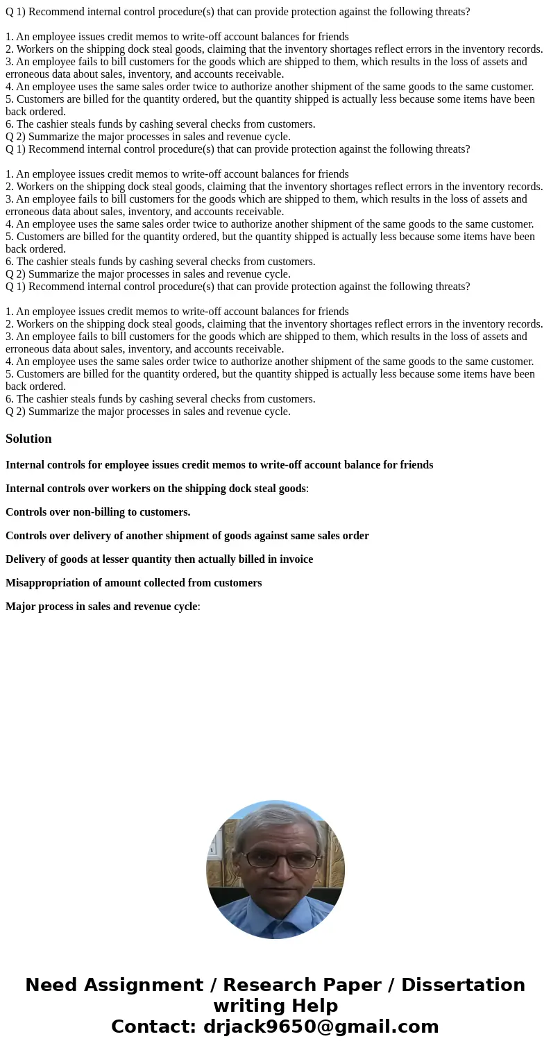 Q 1) Recommend internal control procedure(s) that can provide protection against the following threats? 1. An employee issues credit memos to write-off account  Q 1) Recommend internal control procedure(s) that can provide protection against the following threats? 1. An employee issues credit memos to write-off account